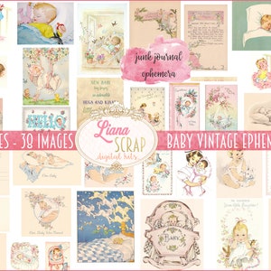 Imprimibles de efímeras para bebés, ilustraciones vintage para bebés, hojas de collage digitales, efímeras vintage, papel de diario basura