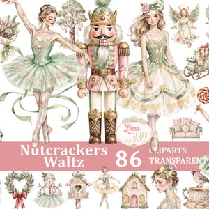 Könnte beinhalten: Aquarell-Clip-Art-Set mit Balletttänzerinnen, einem Nussknacker, Engeln und anderen Illustrationen zum Thema Feiertage. Der Text "Nutcrackers Waltz" und "86 TRANSPARENT PNG" sind auf einem rosa Banner zu sehen.
