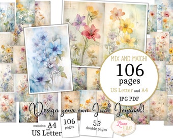 Könnte beinhalten: Eine Sammlung von Aquarell-Blumendesigns für Junk-Journals. Das Bild zeigt verschiedene Blumenarrangements in sanften Pastellfarben, mit dem Text "Design your own Junk Journal!" und "106 Seiten".