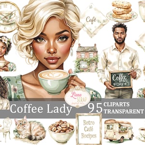 Set di 95 clipart digitali di Coffee Lady, PNG trasparenti, illustrazioni di caffè, estetica vintage, adesivi per planner
