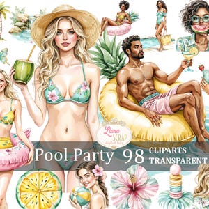 Pool Party 98 Digital Clipart Set Summer Beach PNG Transparent Illustrations, autocollants pour agenda