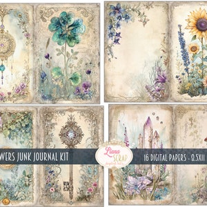 May include: A digital paper pack with 16 papers featuring whimsical illustrations of flowers, crystals, mushrooms, and other nature-inspired elements. The papers are designed for use in junk journals and other paper crafts. The papers are 21.6 cm by 27.9 cm.