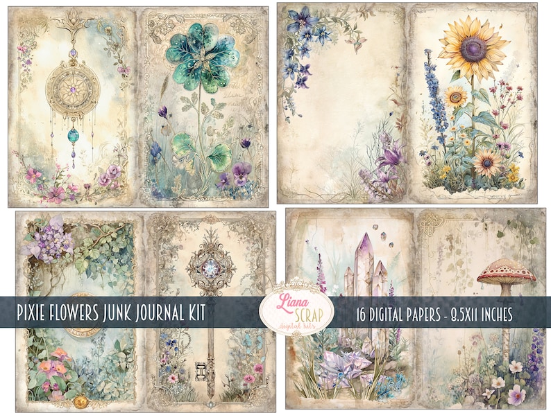 May include: A digital paper pack with 16 papers featuring whimsical illustrations of flowers, crystals, mushrooms, and other nature-inspired elements. The papers are designed for use in junk journals and other paper crafts. The papers are 21.6 cm by 27.9 cm.