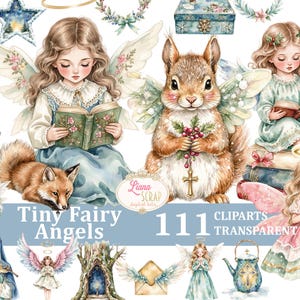 May include: Watercolor clipart set featuring tiny fairy angels, a fox, and a squirrel with wings. The image includes a variety of elements such as books, a teapot, and a cross. The text "Tiny Fairy Angels" and "111 Cliparts Transparent PNG" are also visible.