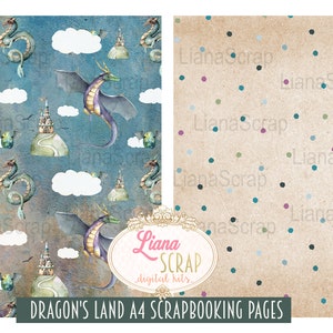 Puede incluir: Dos p&aacute;ginas de scrapbooking digitales con un tema de drag&oacute;n y castillo. La primera p&aacute;gina tiene un fondo azul con un patr&oacute;n repetido de dragones, castillos y nubes. La segunda p&aacute;gina tiene un fondo marr&oacute;n con un patr&oacute;n repetido de puntos de colores. Ambas p&aacute;ginas tienen el texto "Liana Scrap digital kits" y "DRAGON'S LAND A4 SCRAPBOOKING PAGES".