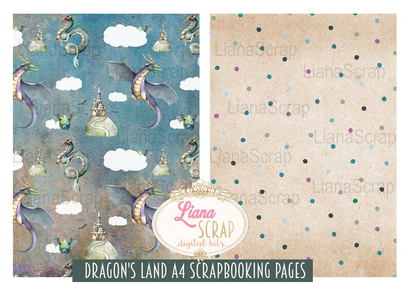 Puede incluir: Dos p&aacute;ginas de scrapbooking digitales con un tema de drag&oacute;n y castillo. La primera p&aacute;gina tiene un fondo azul con un patr&oacute;n repetido de dragones, castillos y nubes. La segunda p&aacute;gina tiene un fondo marr&oacute;n con un patr&oacute;n repetido de puntos de colores. Ambas p&aacute;ginas tienen el texto "Liana Scrap digital kits" y "DRAGON'S LAND A4 SCRAPBOOKING PAGES".