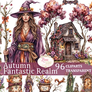 May include: A digital art collection titled "Autumn Fantastic Realm" featuring a woman in a purple robe and hat, a cottage, and various fall-themed elements. The image includes the text "96 Cliparts Transparent PNG".