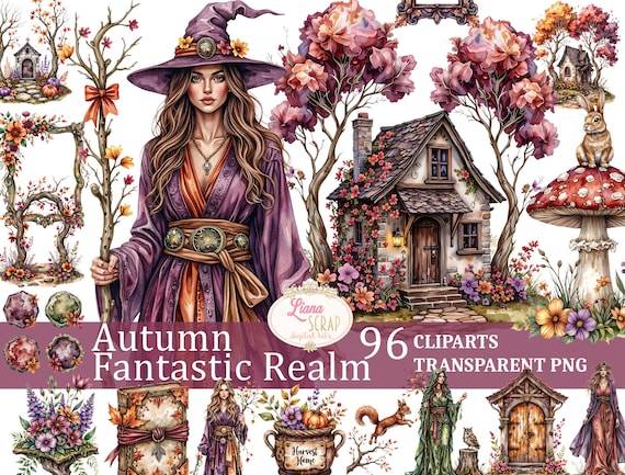 Watercolor Autumn Clipart Set – 96 PNG Fantasy Graphics (Digital Planners)