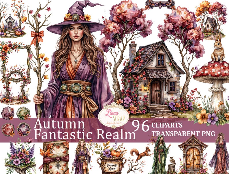 May include: A digital art collection titled "Autumn Fantastic Realm" featuring a woman in a purple robe and hat, a cottage, and various fall-themed elements. The image includes the text "96 Cliparts Transparent PNG".