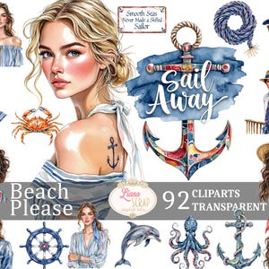 Ensemble de 92 cliparts Beach Please dessins d'été nautiques PNG Transparent Art numérique Planner Stickers Illustrations Beachy Éléments aquarelle