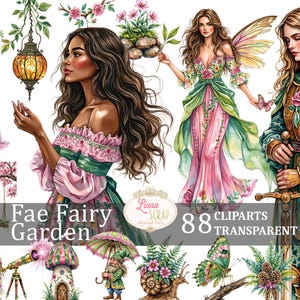Conjunto de 88 imágenes prediseñadas de hadas de jardín: hadas, hongos y diseños florales en acuarela. PNG transparente para planificadores digitales, álbumes de recortes y pegatinas.
