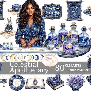 Celestial Apothecary 80 clipartafbeeldingen, transparante PNG, digitale plannerstickers, astrologie, hekserij, mystieke illustraties, maanfase