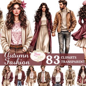 May include: Digital illustrations of autumn fashion featuring various outfits. The image includes women and a man in stylish fall attire, such as coats, sweaters, and dresses. The text "Autumn Fashion" and "83 Cliparts Transparent PNG" are also visible.