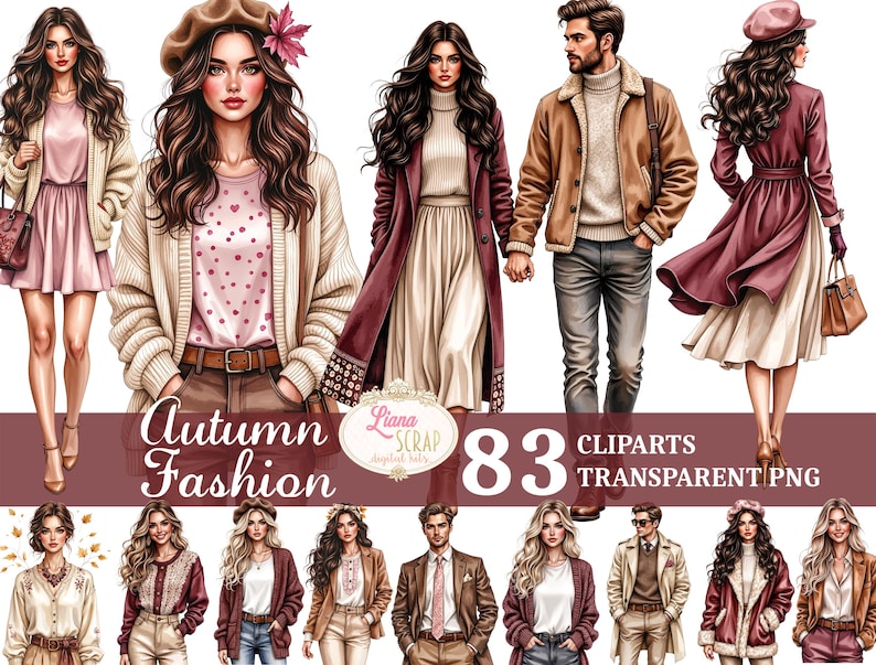 May include: Digital illustrations of autumn fashion featuring various outfits. The image includes women and a man in stylish fall attire, such as coats, sweaters, and dresses. The text "Autumn Fashion" and "83 Cliparts Transparent PNG" are also visible.