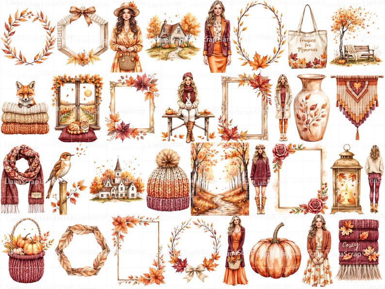 Watercolor Autumn Clipart Set – Cozy Fall PNG Graphics (104 Images) - Etsy