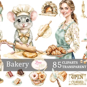 Bakkerij clipartset - 85 aquarel bakkerij png-afbeeldingen - digitale clipart voor bakken, gebak en caféontwerpen, plannerstickers