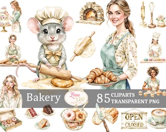 May include: A set of 85 watercolor illustrations featuring a bakery theme. The illustrations include a cute mouse wearing a chef's hat, a woman in a blue and white polka dot dress, a variety of pastries, bread, and other bakery items. The text "Bakery" is written in a decorative font. The text "85 Cliparts Transparent PNG" is also included.
