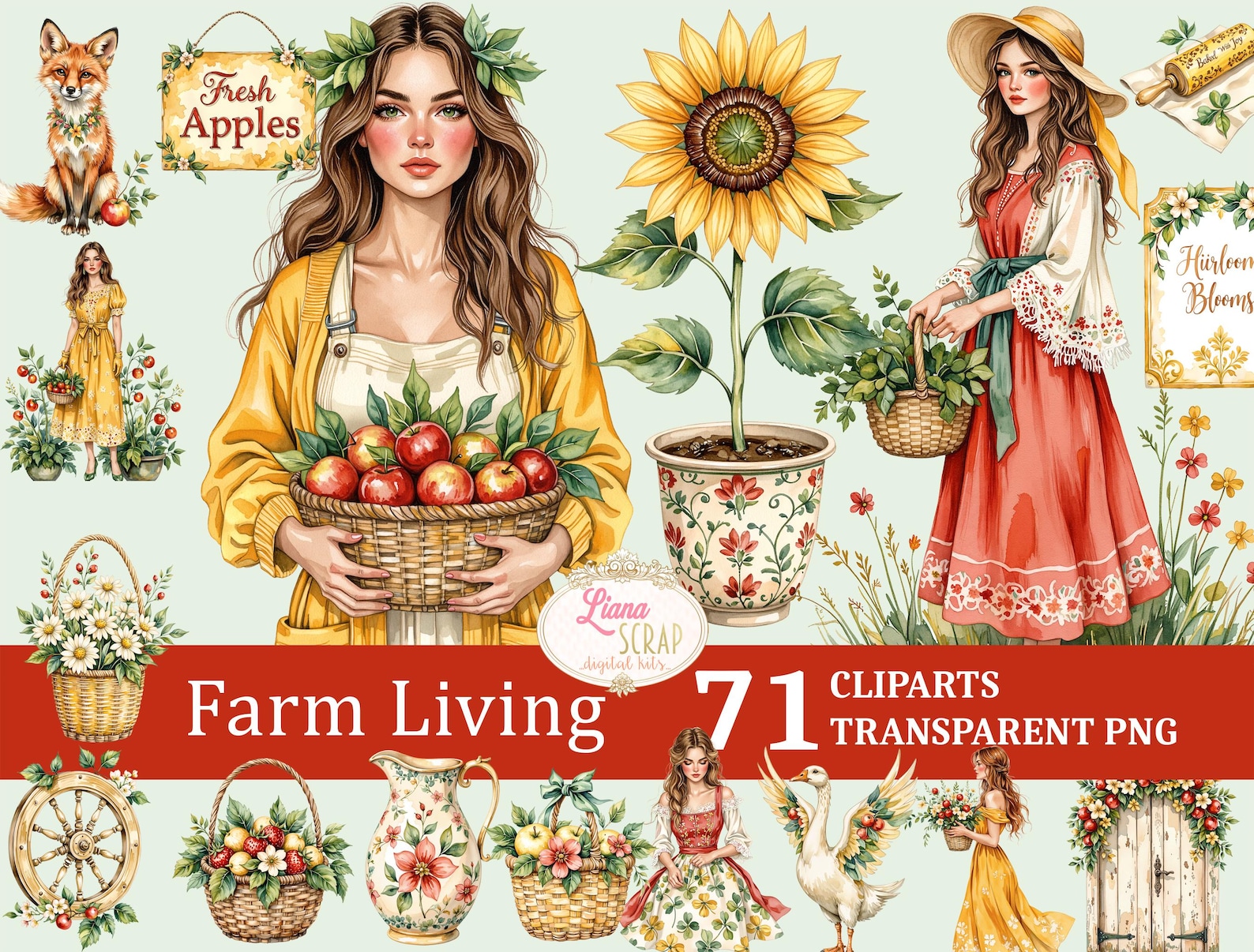 Watercolor Farm Animals Clipart Set – Floral PNG Graphics (digital ...