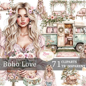 Boho Love 71 digitale clipartset, transparante PNG, bloemenillustraties, Boho Woman, Wanderlust Design, Etsy-graphics