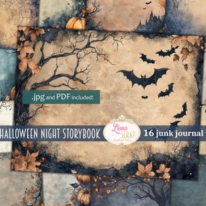 Zestaw do pisania pamiętnika z opowieściami o Halloween Night, kolaż fantasy do wydrukowania, 16 tła do dziennika z papieru Spooky Forest Junk