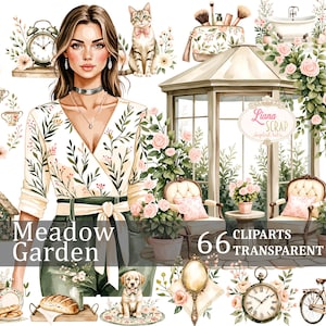 Clipart numérique Meadow Garden 66 - Aquarelle mode, PNG floral pour scrapbooking et design