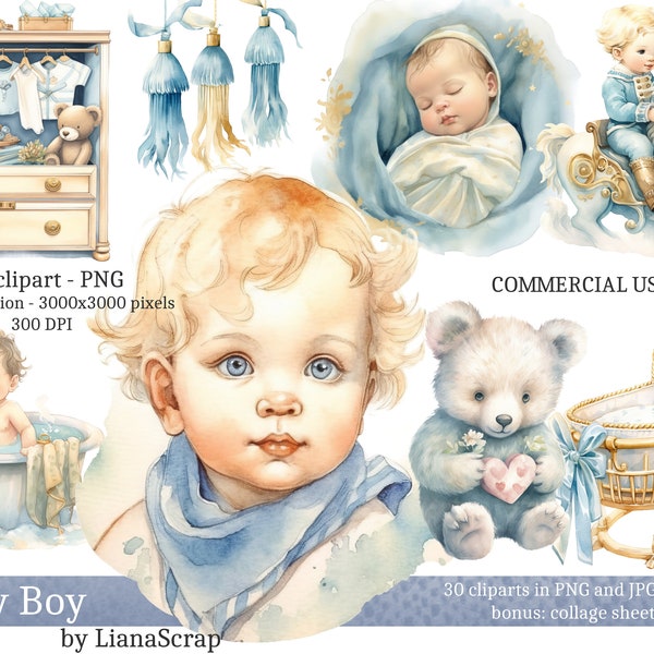 Baby Boy Clipart PNG Set, 30 nursery clipart, commercial use clip art, baby boy nursery watercolor art, PNG baby theme illustrations