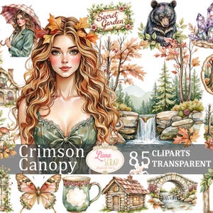 Ensemble de cliparts pourpre auvent 85 animaux de la forêt aquarelle PNG planificateur numérique autocollants Scrapbooking, forêt d'automne, forêt magique