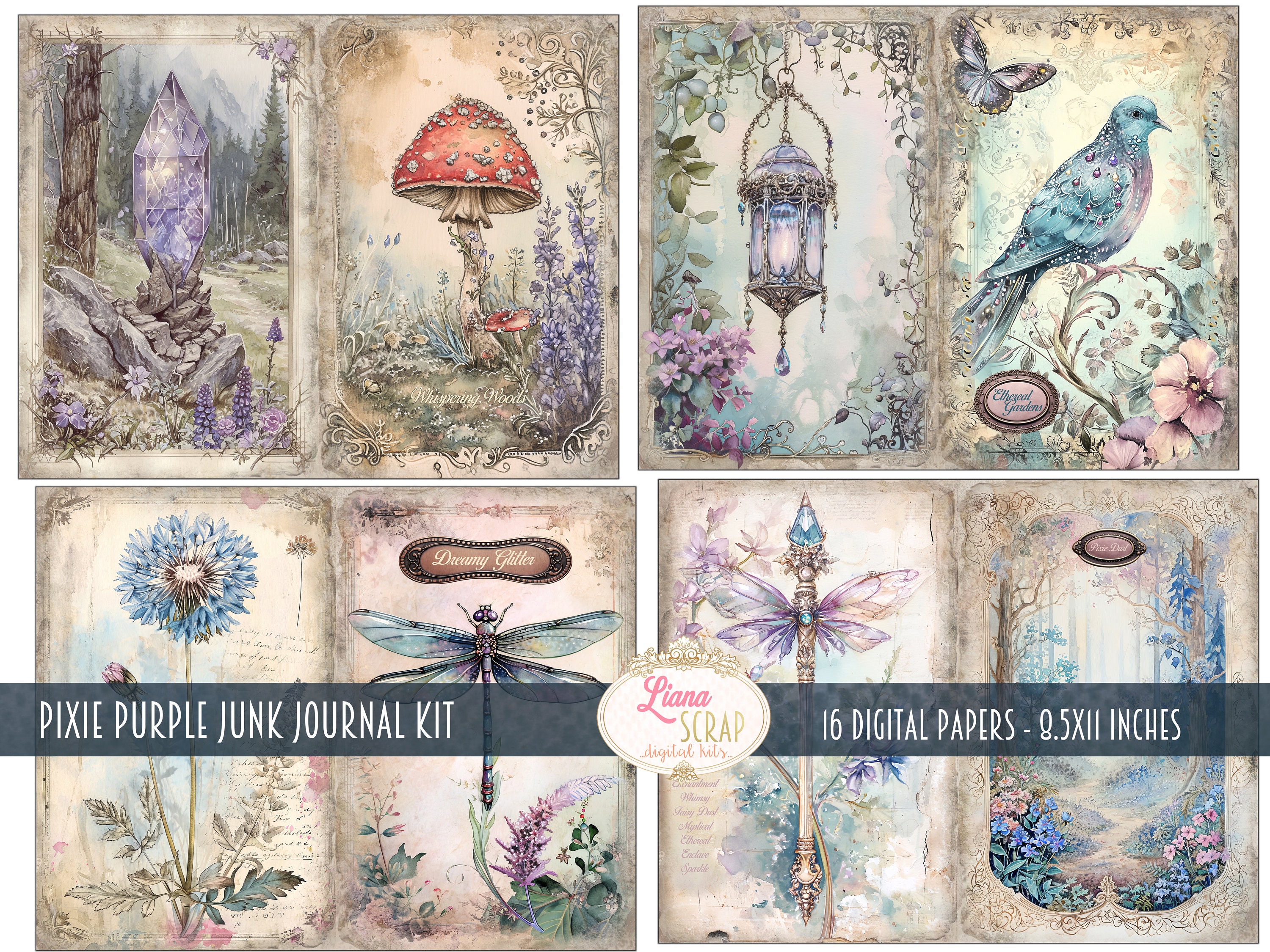 ピクシーパープルジャンクジャーナルキット、妖精、蝶、花を使っ