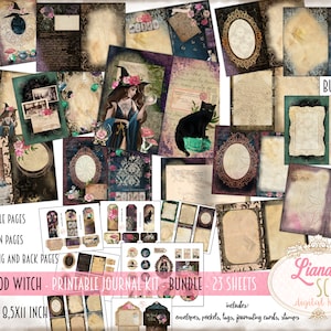 May include: A printable journal kit with a witch theme. The kit includes 23 sheets, 8.5x11 inches, with double pages, add-on pages, journaling and back pages. The kit includes envelopes, pockets, tags, journaling cards, and stamps.