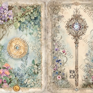 May include: A vintage-style illustration of a golden key with a blue gemstone in the centre. The key is surrounded by a border of flowers and leaves in shades of blue, pink, and green. The background is a light beige with a faded texture.
