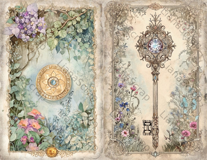 May include: A vintage-style illustration of a golden key with a blue gemstone in the centre. The key is surrounded by a border of flowers and leaves in shades of blue, pink, and green. The background is a light beige with a faded texture.