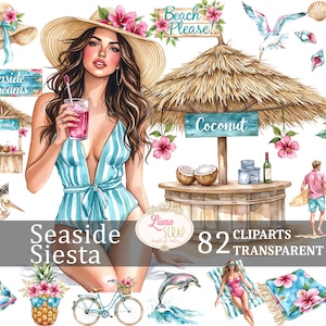 Set di 82 clipart per la siesta al mare - PNG estivi sulla spiaggia, adesivi per planner digitali, grafica acquerellata, vacanze tropicali, cocktail e divertimento estivo