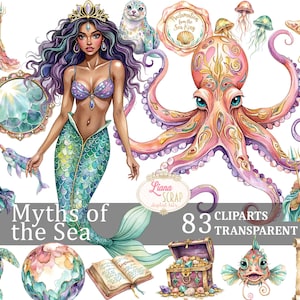 Ensemble de 83 cliparts Les mythes de la mer PNG transparents Art numérique Sirène pirate PNG pour agenda Stickers et art numérique