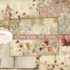 Kit digitale per diario spazzatura autunnale, fiori autunnali e farfalle, fogli di collage digitale, diario spazzatura autunnale, carta per diario spazzatura