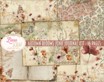 Autumn Blooms Junk Journal Kit, Fall Flowers, Butterflies (Digital Download)