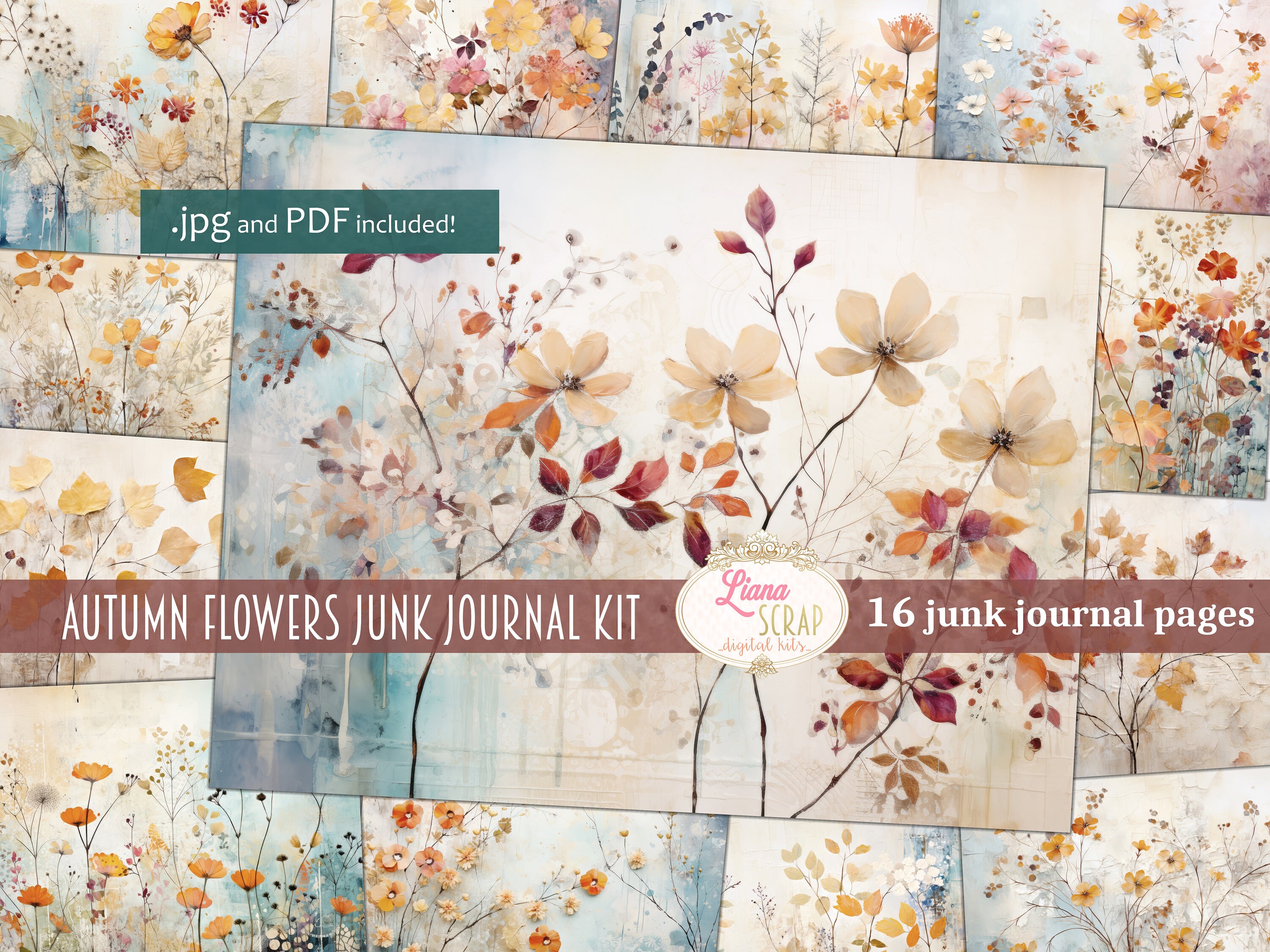 秋の花のジャンクジャーナルキット、インパストフローラルペーパー