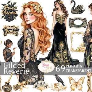Gilded Reverie 69 Clipart-Bilder - Elegante Vintage Illustrationen - Transparente PNG - Digitalpapier - Planeraufkleber - Scrapbooking - Dunkel