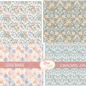 May include: Set of 32 digital papers featuring a floral damask pattern in various colours, including pink, blue, and beige. The papers are 0.5x11 inches.