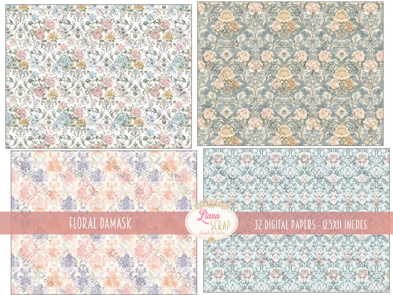 May include: Set of 32 digital papers featuring a floral damask pattern in various colours, including pink, blue, and beige. The papers are 0.5x11 inches.