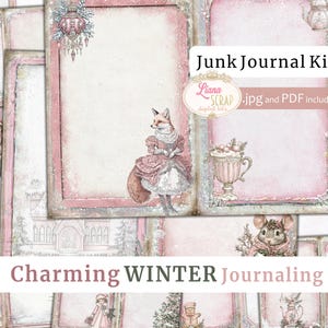 Charmant papier pour journal d'hiver, carnet rose de cochonneries de Noël, famille de souris, renarde, magie de Noël, pages d'hiver de conte de fées,
