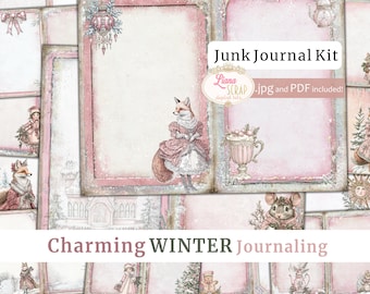 May include: A digital scrapbooking kit with a winter theme. The kit includes images of a fox, a mouse, a house, and a Christmas tree. The kit is available in both JPG and PDF formats. The text "Junk Journal Kit" and "Charming WINTER Journaling" is included in the image.