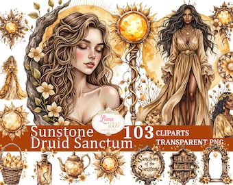 May include: Digital artwork showcasing sunstone-themed clip art. The image includes illustrations of women, sun symbols, and floral elements in warm, earthy tones. Text reads "Sunstone Druid Sanctum" and "103 Cliparts Transparent PNG."