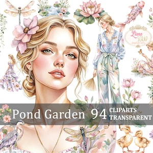 Ensemble de 94 cliparts numériques étang jardin - aquarelles de fleurs, animaux, femmes PNG pour scrapbooking et design, clipart planificateur, autocollants numériques