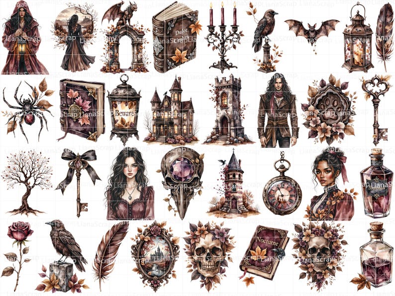 Gothic Autumn Clipart Set – Watercolor Halloween Graphics (PNG) image 2