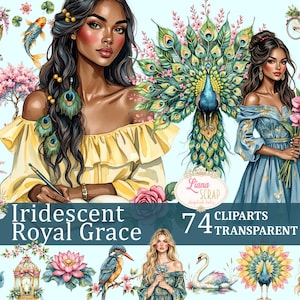 Iriserende Royal Grace 74 clipartset - bloemen, pauwen, vrouwen, png voor digitale kunst, planners, scrapbooking, betoverde tuin, prinses