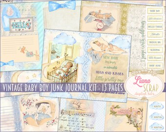 May include: A digital scrapbook kit for baby boys with 13 pages. The kit features vintage illustrations of babies, clouds, stars, and moons. The kit includes text such as "New Baby", "Hugs and Kisses", "Little Pretty One", and "Vintage Baby Boy Junk Journal Kit - 13 Pages".