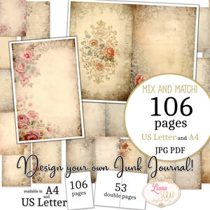 Junk Journal - Noodachtergrond - US Letter en A4-formaat, Mix en Match Pagina's, Vintage Digitaal Papier in afdrukbare PDF en JPG, Bloemen