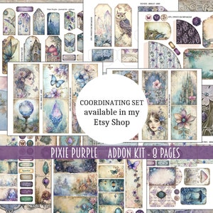 May include: A digital collage kit with 8 pages of printable images featuring a whimsical fairy tale theme. The images include a castle, a fairy, an owl, butterflies, flowers, and a crystal. The kit is titled "Pixie Purple Addon Kit - 8 Pages".