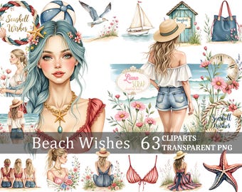 Beach Wishes Clipart Summer Beach Girls Seashells Digital Download - 63 images