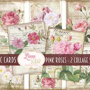 Cartões ATC de rosas e rendas de 3 x 4 polegadas, 2 páginas de folhas digitais para impressão, 12 cartões para impressão de flores para diários indesejados, papel para diário indesejado